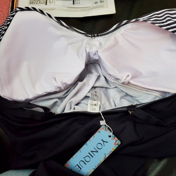 Yonique Twist Front V Neck Tummy Control Swim Top Size XL Black & White Striped - Picture 5 of 13